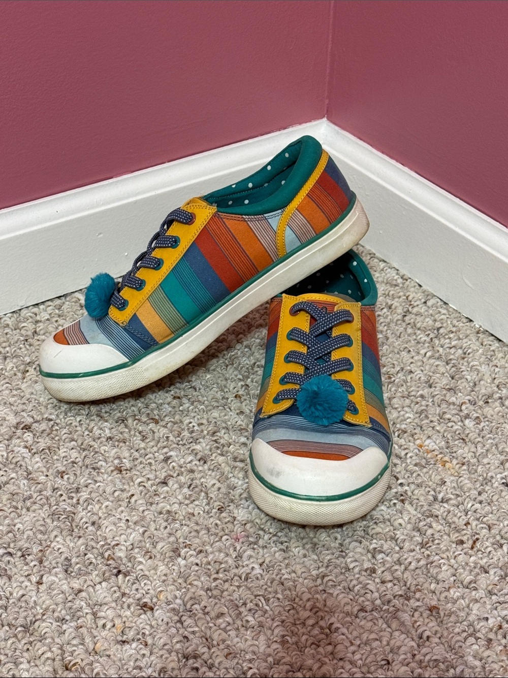 Kids Colorful Striped Matilda Jane Sneakers with Teal Pom Pom
